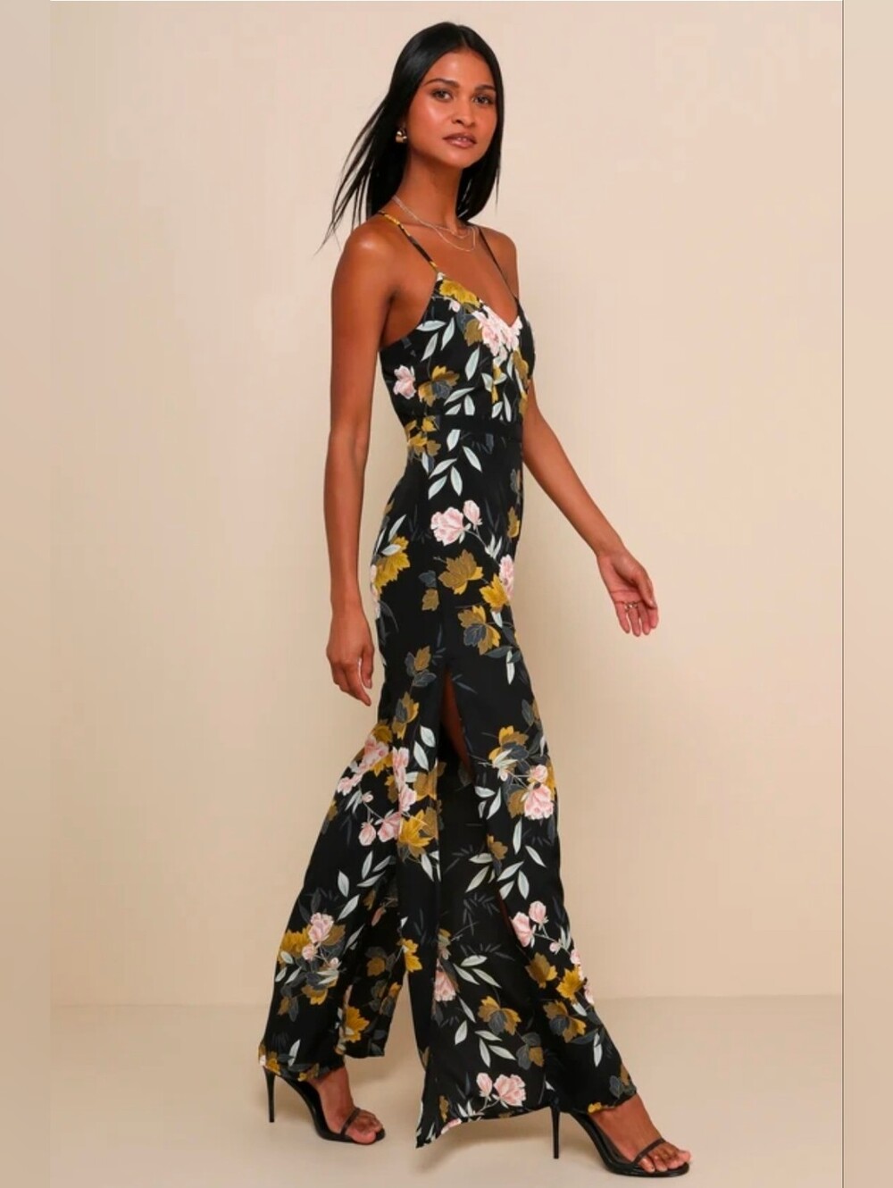 Lulus Beautiful Blooms Black Floral Print Wide-Leg Jumpsuit Size XS